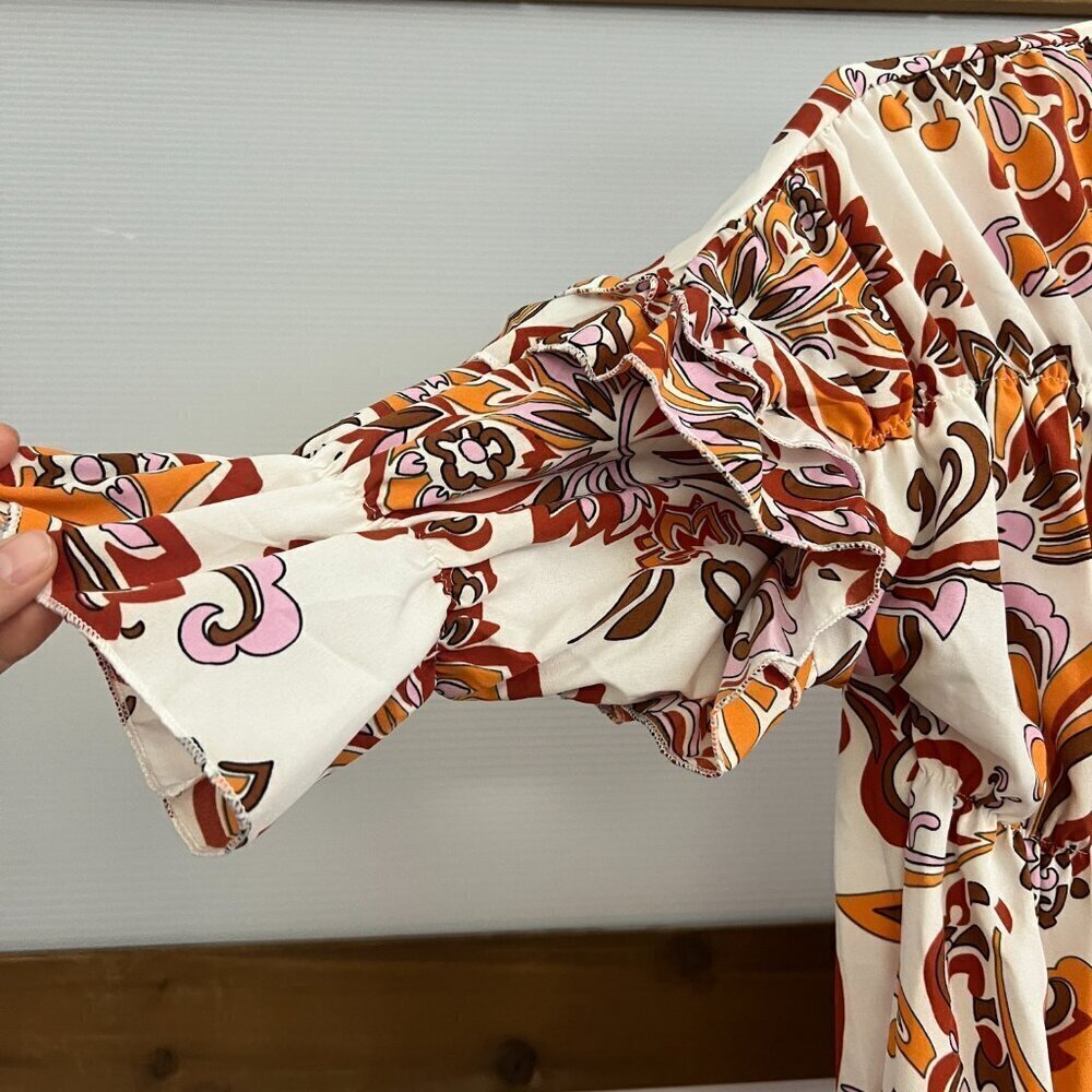 Boho Paisley Floral Ruffle Sleeve Empire Waist Mini Dress Orange Brown White S * - Picture 4 of 13